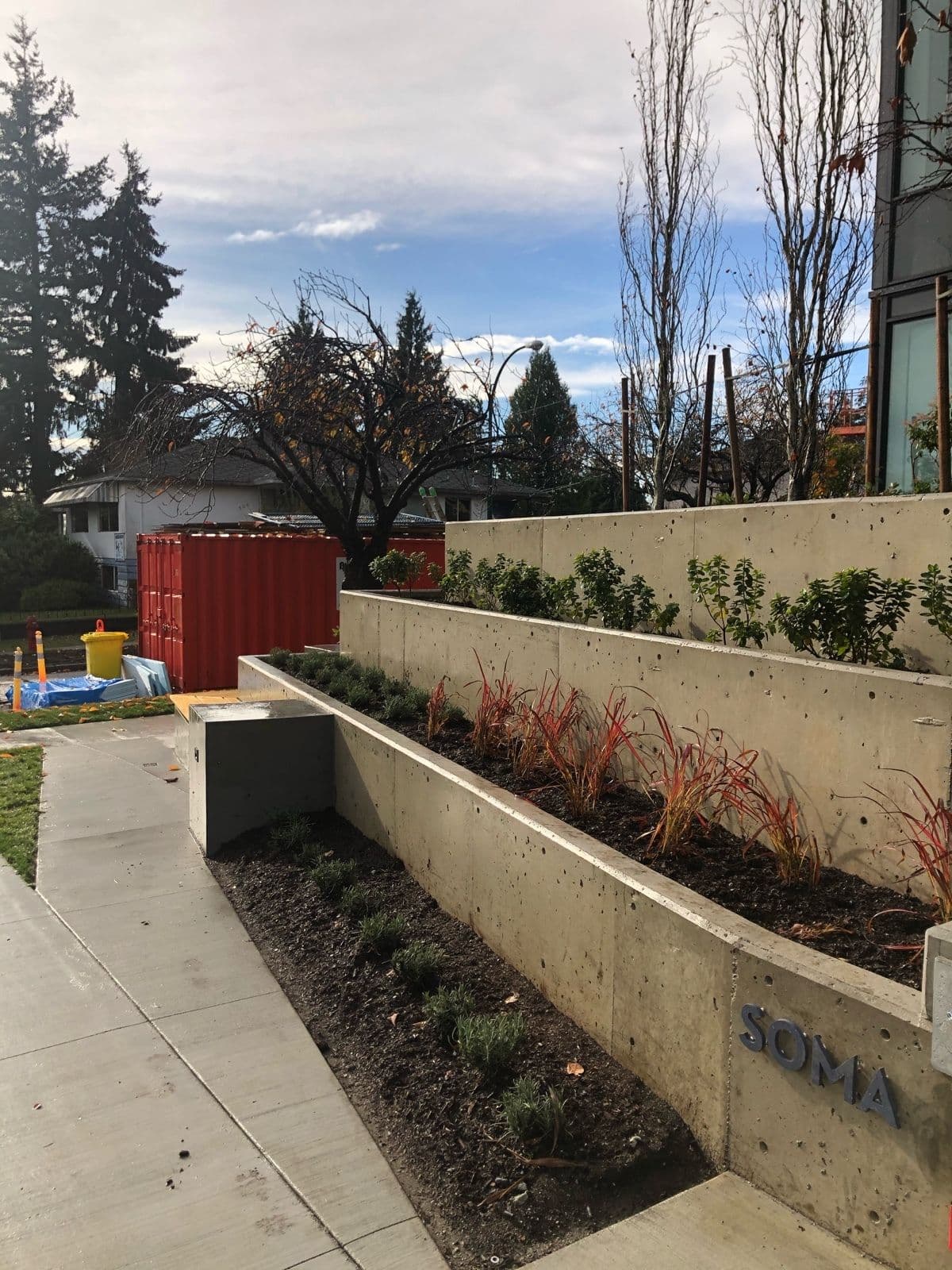 Terraced concrete retaining walls with new planting along a strata building sidewalk